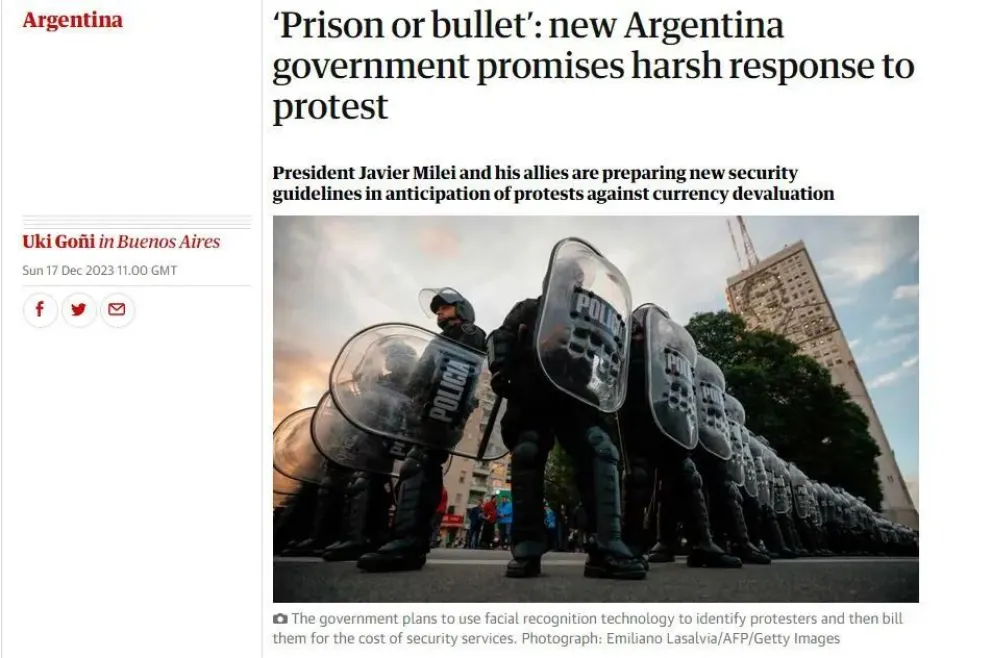 El diario The Guardian se hizo eco del protocolo antipiquetes de Bullrich