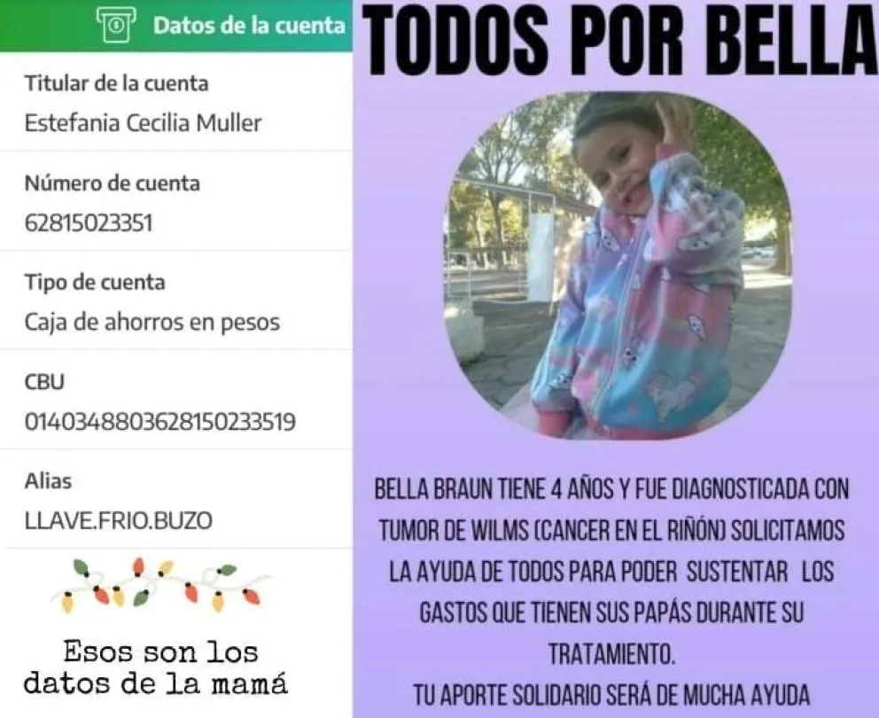 Todos por Bella: una campaña solidaria busca recaudar fondos para una niña con tumor en un riñón
