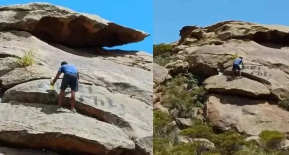 Sanción: un turista pintó con aerosol un cerro en Córdoba y tuvo que limpiarlo
