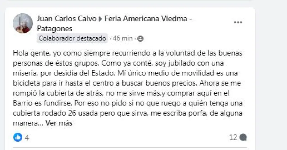 Un jubilado de Viedma necesita ayuda: “Ruego a quién tenga una cubierta rodado 26”
