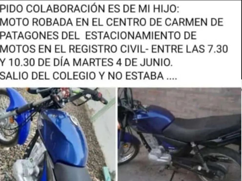 Patagones: Le robaron la moto a un joven a la salida de la escuela y piden ayudar para recuperarla