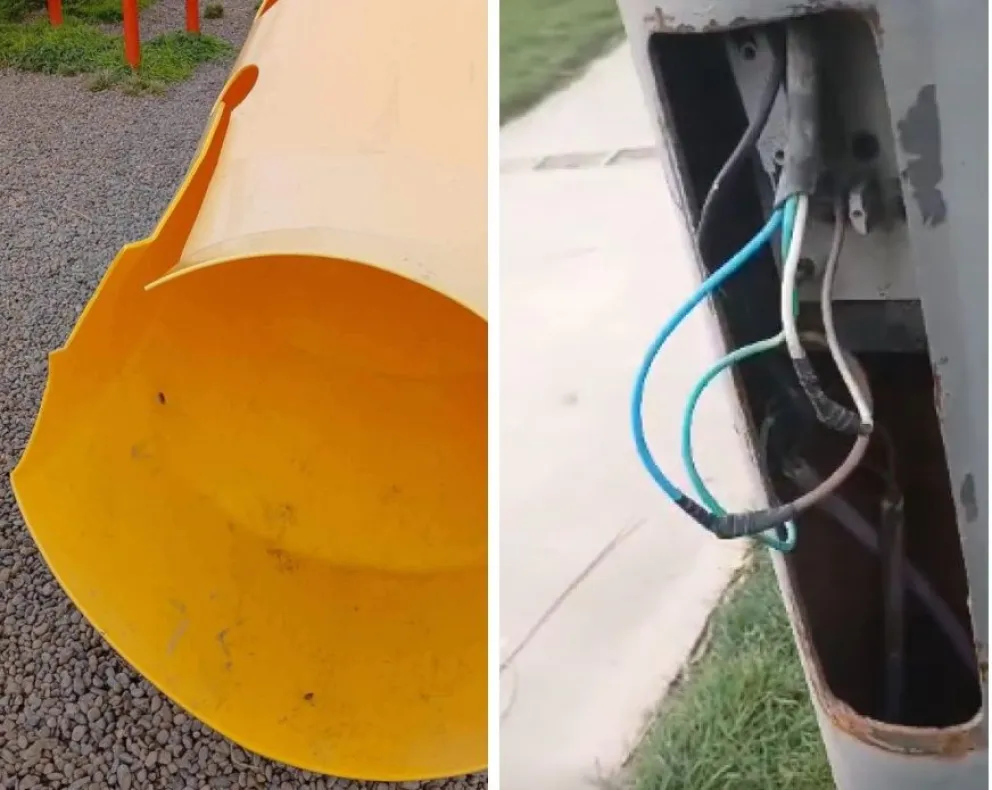 Alerta por vandalismo en la Plaza de Los Inmigrantes: juegos rotos y cables expuestos 