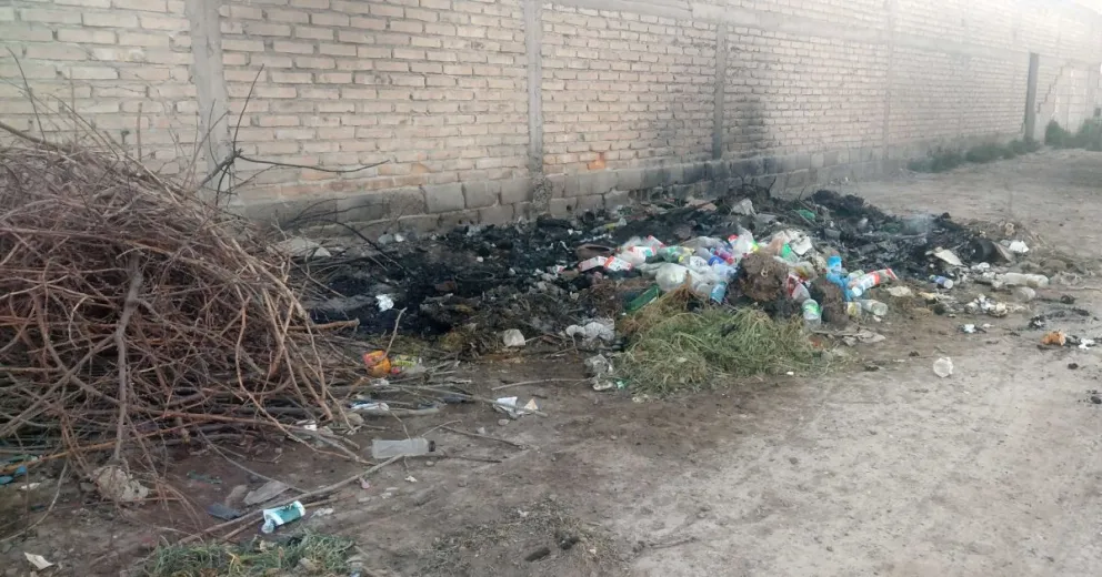 Mini basurero sobre la vereda de la calle Discepolo en Viedma.