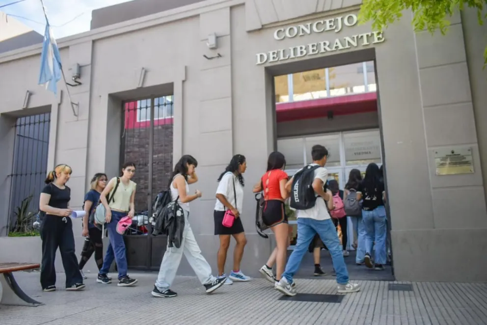 Parte de los alumnos ingresando al Concejo Deliberante (Foto: Vanesa Schwemmler)