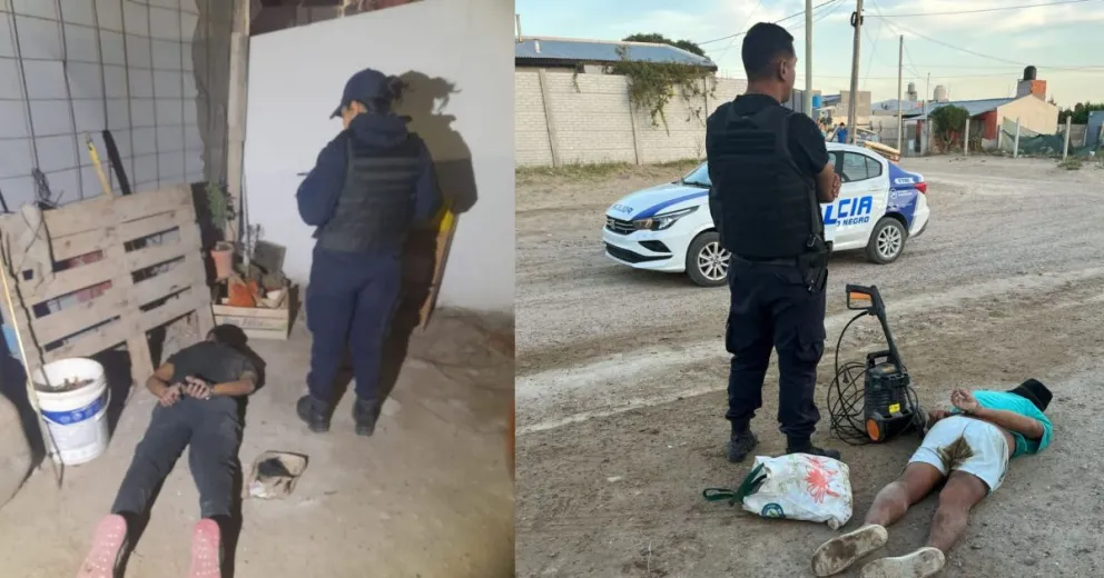 La Policía con los dos malhechores atrapados por los vecinos. 