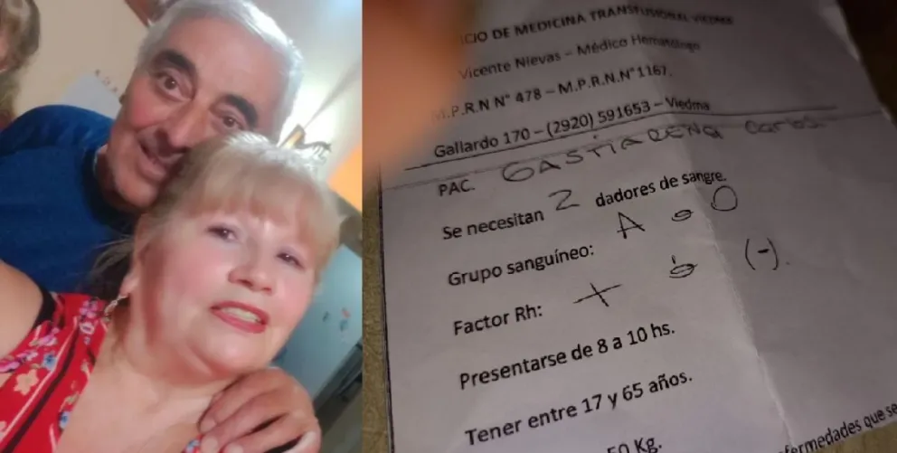 Matrimonio de jubilados de Viedma pide encarecidamente dos dadores de sangre.