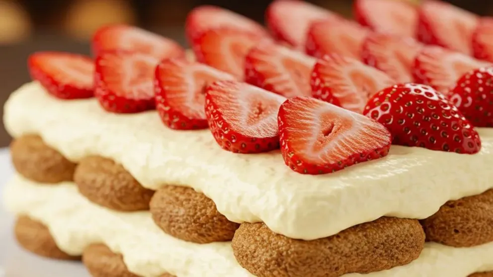 Tiramisú de frutillas hecho en casa. 