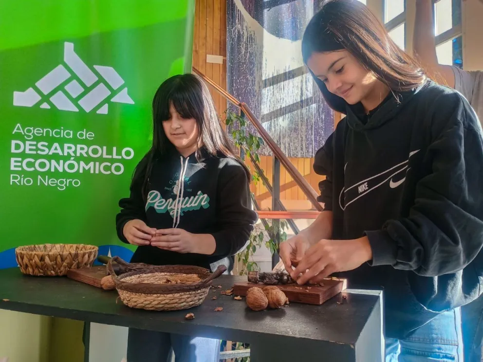 Rocío y Amaro fueron dos de las participantes del concurso de descascarado de nueces (Fotos: Vanesa Schwemmler).