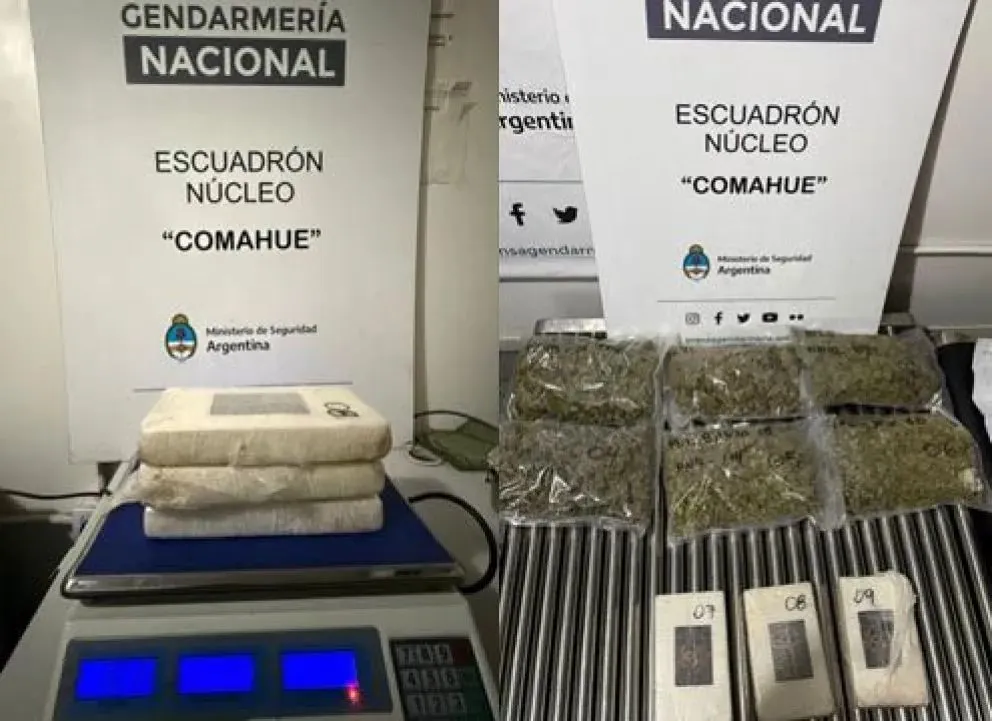 Sobre Ruta 22 se incautaron 2,2 kilos de marihuana y 3,2 kilos de cocaína. Fotos Gendarmería.