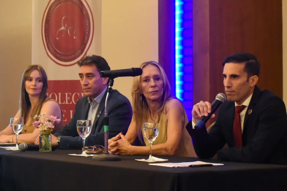 La presidente de la Comisión de la Abogacía Joven, Verónica Arizcuren, el intendente Marcos Castro, la juez del Superior Tribunal de Justicia de Río Negro, Liliana Piccinini  y el presidente del Colegio de la Abogacía de Viedma, (Fotos: Vanesa Schwemmler)