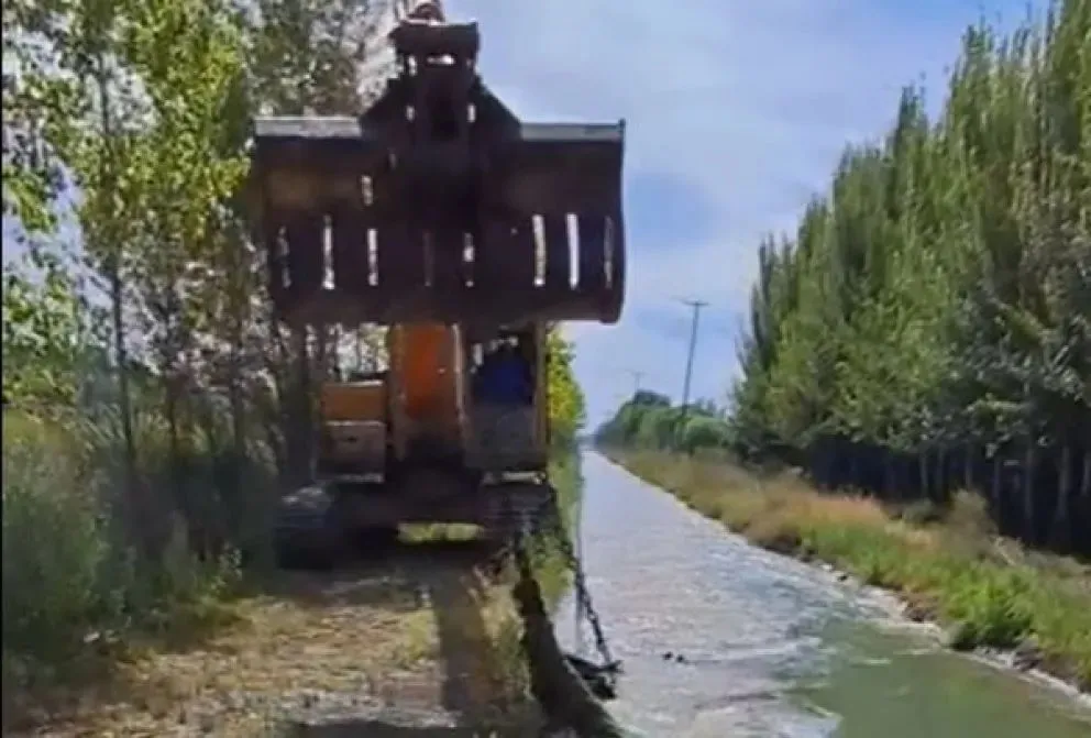 Con maquinas del Consorcio recorren para quitar malezas acuáticas y lamas de los canales de riego.