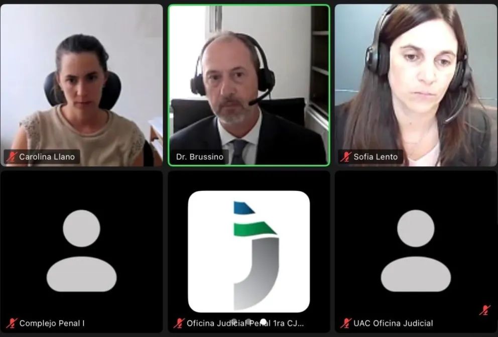 El acusado presenció la audiencia desde el Penal 1. Foto de la abogada defensora, el juez y la fiscal.