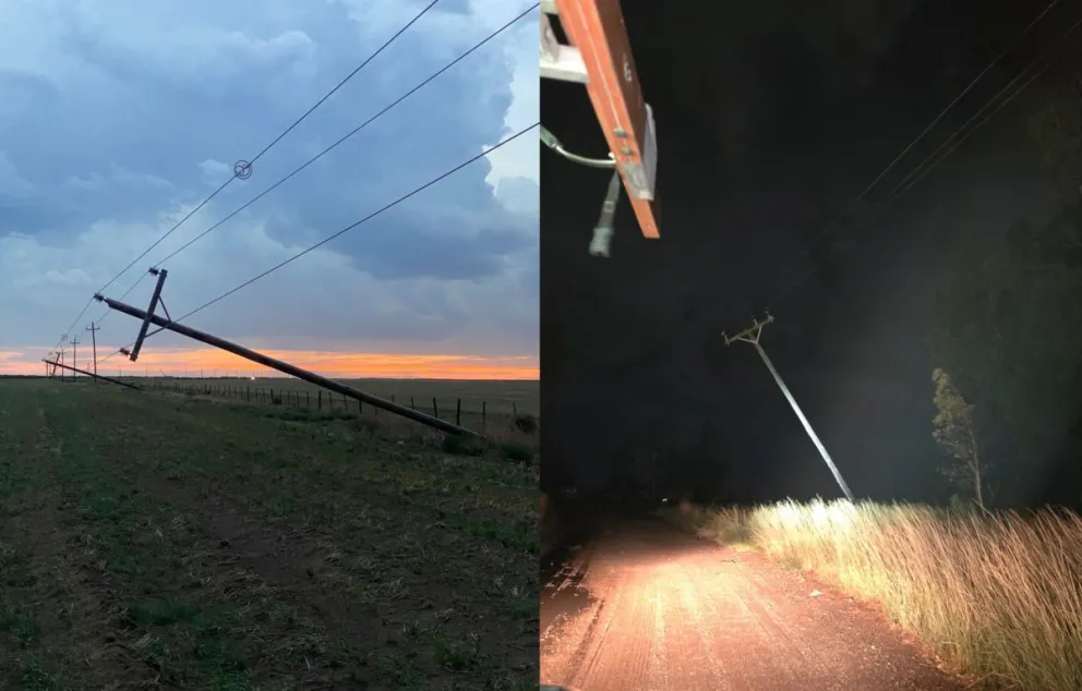 La fuerza del viento quebró postes de media tensión en  la ciudad y zonas rurales.