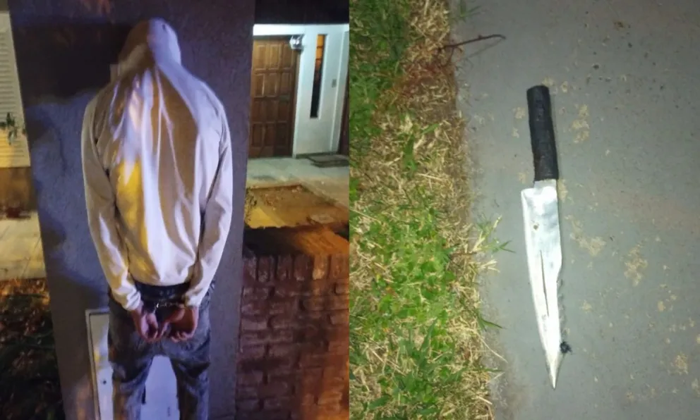 El detenido, de espaldas, junto al cuchillo secuestrado por el personal de la Comisaría 30.