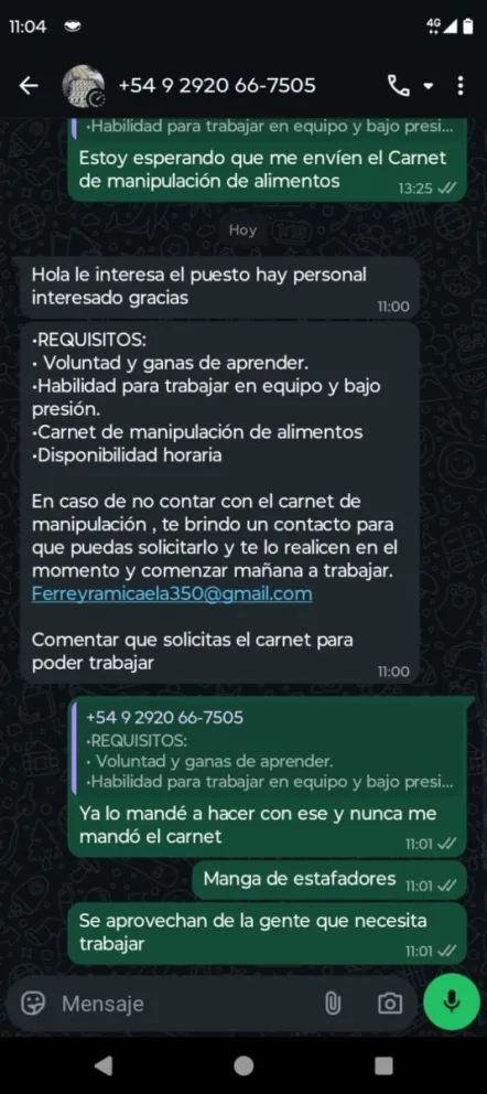 los supuestos reclutadores ofrecían facilitar el trámite del certificado de manipulación de alimentos mediante un contacto externo. Foto: Gentileza.