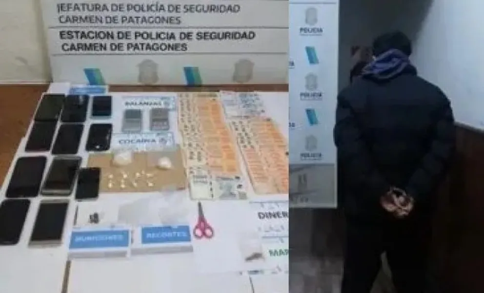 Elementos secuestrados por la policía de Patagones y uno de los detenidos. Fotos gentileza. 