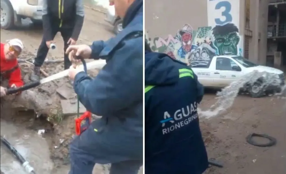 Desde Aguas Rionegrinas trabajaron en una importante pérdida de agua en el barrio América. Foto: captura 